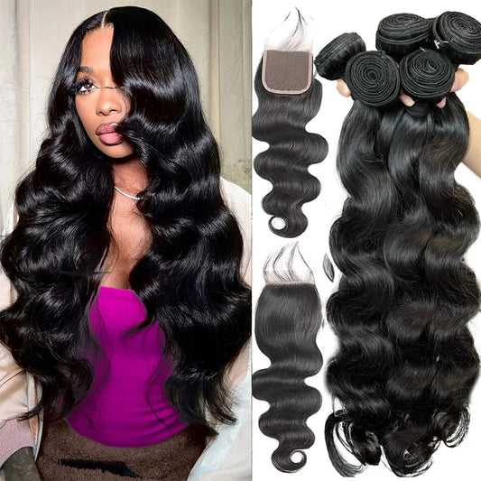 Premium Raw Brazilian Body Wave Bundles with Closure - Natural Black