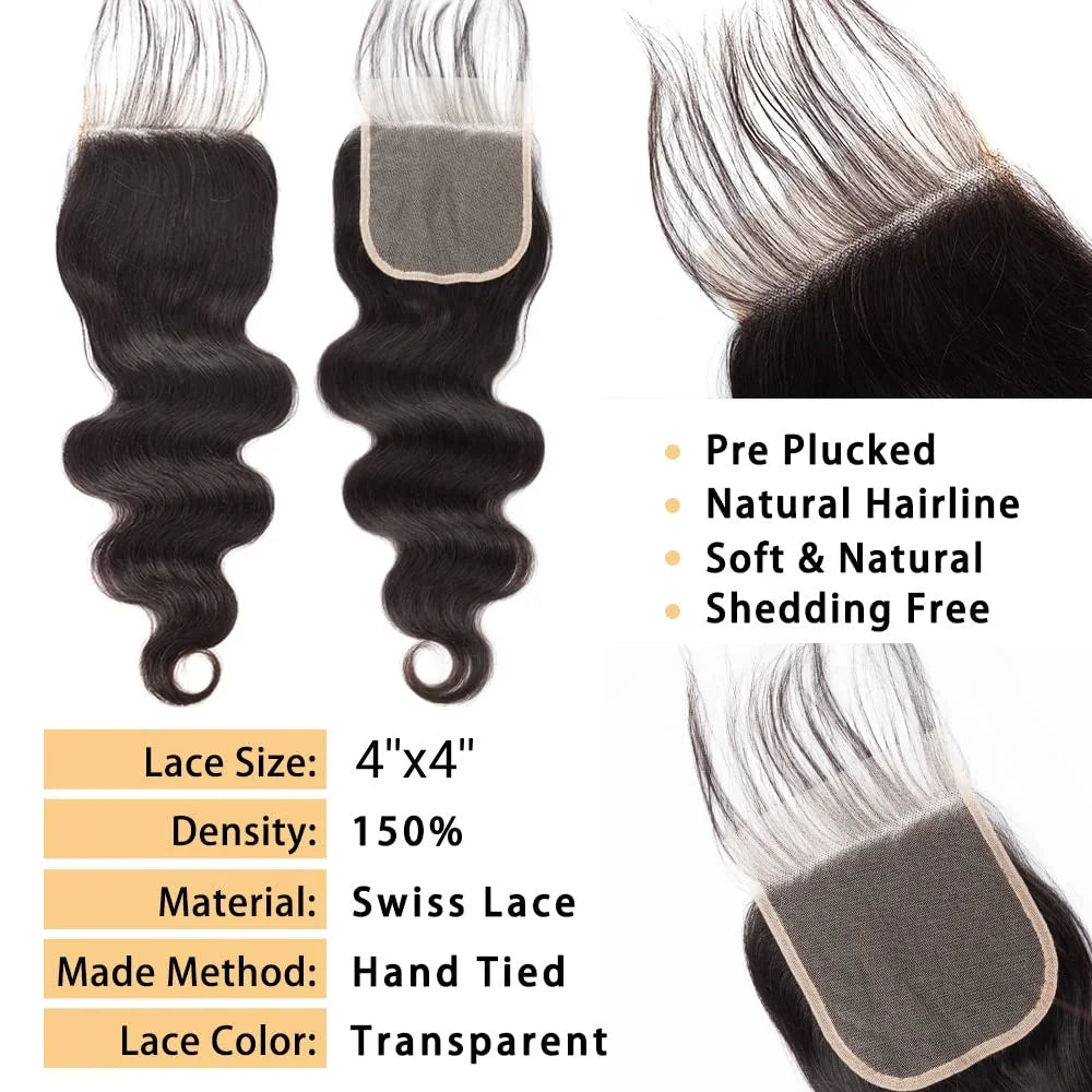 Premium Raw Brazilian Body Wave Bundles with Closure - Natural Black